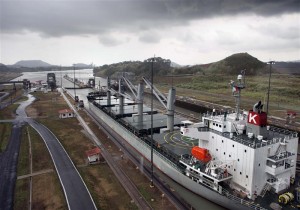 A ship departing the Panama Canal at Miraflores Locks